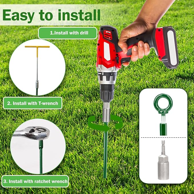 8 Pack 18" Spiral Ground Anchors Kit, Fully Welded Earth Anchors with 100 FT 1/8" Galvanized Cable, 8 Turnbuckles, Wire Rope Clips & Drill Adapter, Tie Down Kit for Shed Trampoline (Green)