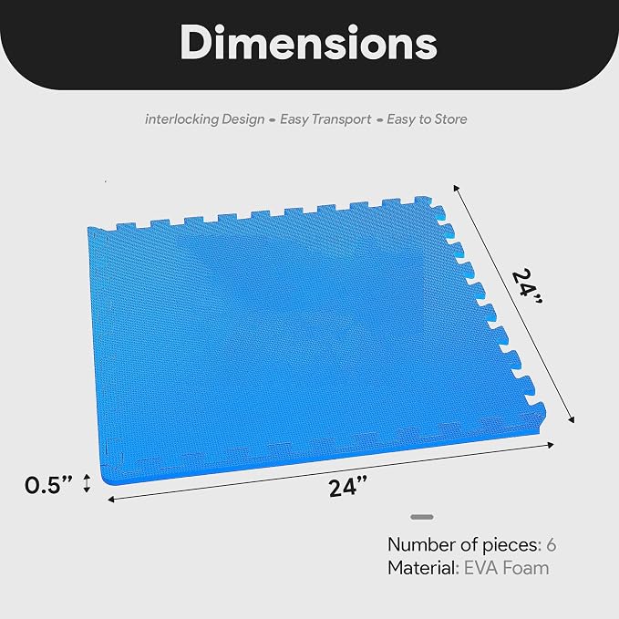 BalanceFrom Puzzle Exercise Mat 1/2" Thick, EVA Interlocking Foam Floor Tiles for Home Gym, Mat for Home Workout Equipment, Floor Padding for Kids, Blue, 24 in x 24 in x 1/2 in, 24 Sq Ft - 6 Tiles