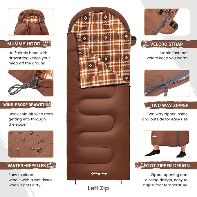 KingCamp Sleeping Bag for Adults, Cold Weather & Warm XL Big and Tall Flannel Sleeping Bags with Compression Sack Portable Waterproof Essentials Gear Accessories for Outdoor Camping