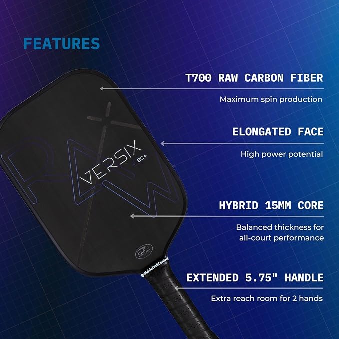 VERSIX RAW Carbon Fiber Pickleball Paddle,Polypropylene Honeycomb Core, Carbon Fiber, 7.9oz (Midweight), 15mm Core