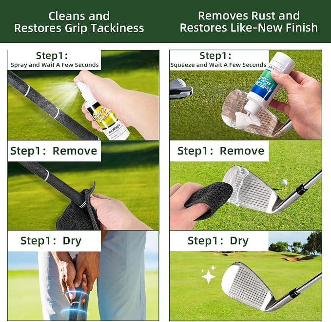 Golf Club Cleaning Kit with Club Cleaner, Grip Cleaner, Polish, Brush, Magnetic Golf Towel & Leather Bag | Restores Clubs, Removes Rust & Scratches, Renews Grip Tackiness, Premium Gifts for Golfers
