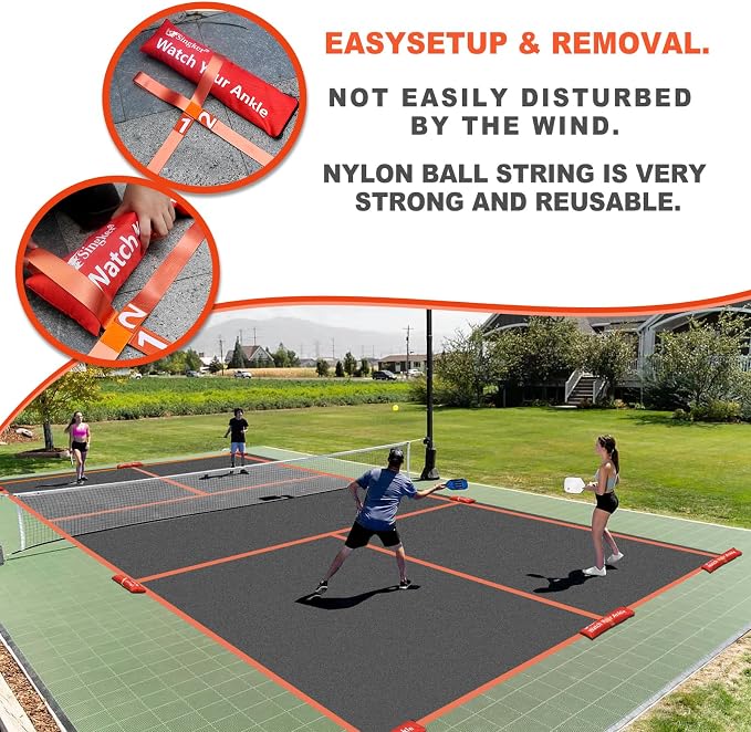 PortablePickleball Court Marking Kit,Innovative, 10 Zippered sandbags Keep thewind from Messing Around,Temporary Pickleball Boundary Lines, 8 Nylon webbings, Net Not Included