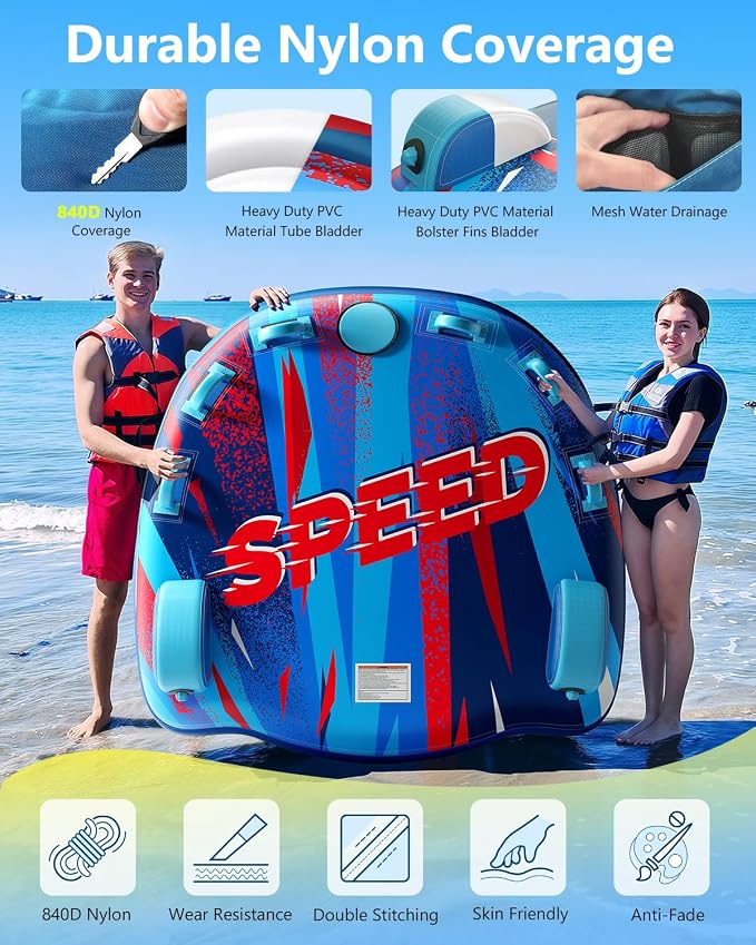 2025 Upgrade Towable Tubes for Boating 1-3 Riders Inflatable Water Sport Towable Tube for Boat Heavy Duty Nylon Cover with Zipper Bolster Fins Safety Air Valve Padded Handle