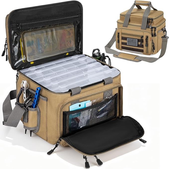 Fishing Tackle Bag - Holds 3400-3600 Size Tackle Boxes (Kahki) | Fit Saltwater & Freshwater & Night Fishing, Reflective Strip Design, Durable Material, Lagre Capacity, Padded Shoulder Strap