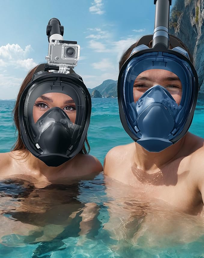Full Face Snorkel Mask for Adults, 180° Panoramic Anti-Fog Snorkeling Gear with Dry Top System & Camera Mount, Foldable Anti-Leak Design for Travel, Swimming & Ocean Snorkeling