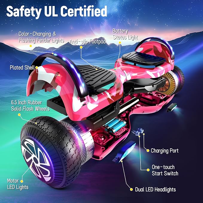 LIEAGLE Hoverboard, 6.5" Self Balancing Scooter Hover Board with Bluetooth Wheels LED Lights for Kids Adults