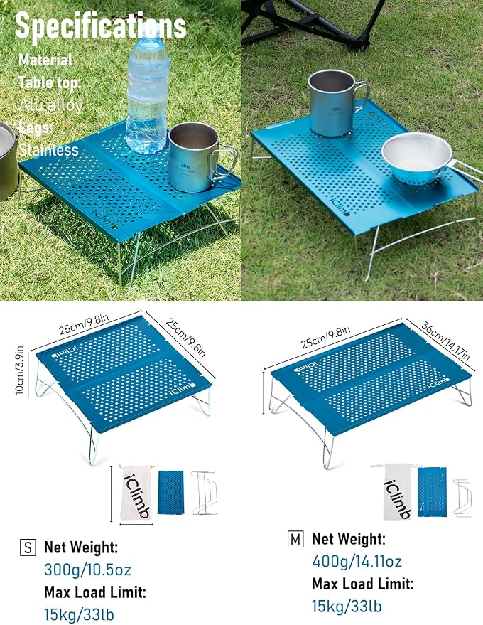iClimb Mini Solo Folding Table Ultralight Compact for Backpacking Camping Hiking Beach Picnic (Blue - Mini)