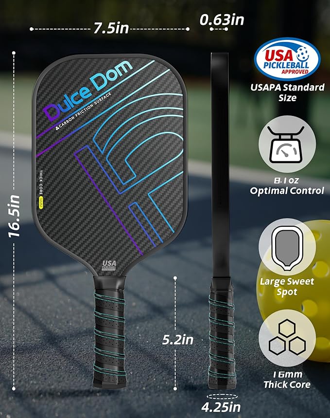 Dulce DOM Pickleball Paddles Set of 2/4 - USAPA Approved, 4 Indoor Outdoor Pickleball Balls, Fiberglass Surface Paddle Racket with Cover Bag, Ideal Training Equipment Gift for Men & Women