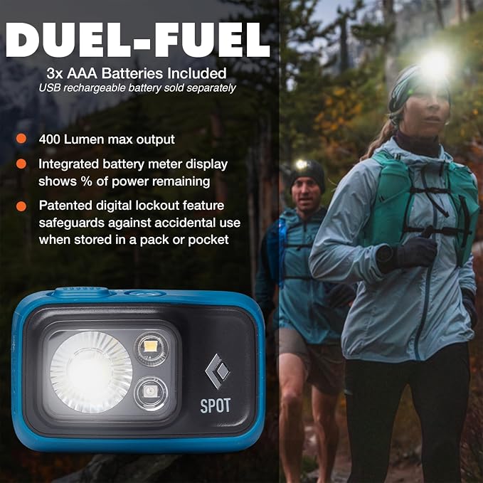 BLACK DIAMOND Spot 400 Headlamp | 400 Lumens Brightness, Dimmable | Waterproof & Durable | 3X AAA Battery Operated (Included) | BD Azul