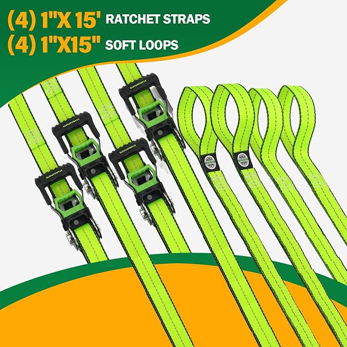 Motorcycle Tie Down Strap (4PK) - 2,100lb Break Strength Premium 15ft Ratchet Tie Down Straps Set, Soft Loop Ratchet Straps for Moving Appliances, Lawn Equipment, Cargo Straps for Trucks
