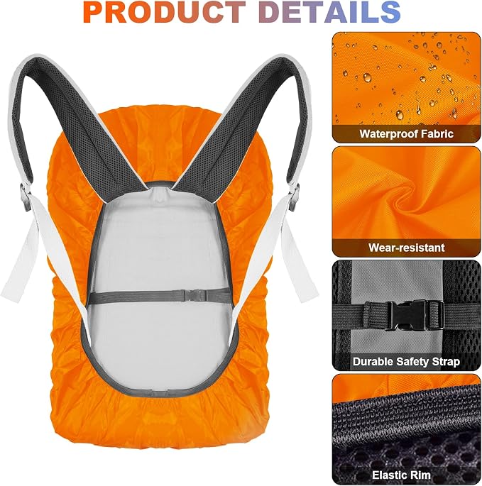 LAMA 2 Pack Waterproof Rain Cover for Backpack, Reflective Rucksack Rain Cover for Anti-Dust/Anti-Theft/Bicycling/Hiking/Camping/Traveling, L Size (for 45L-55L Backpack), 1 Pcs Black + 1 Pcs Orange