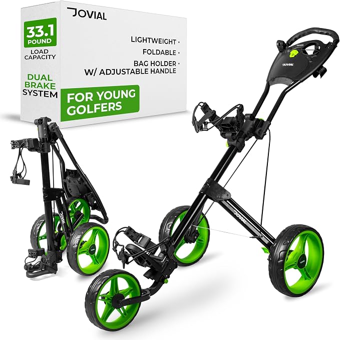 Jovial Foldable 3 Wheel Junior Golf Push Cart, Lightweight Aluminum Pull Cart with Scorecard Holder, Adjustable Handle, Quick Brake System, Compact Folding Golf Trolley with Strap, Easy Storage