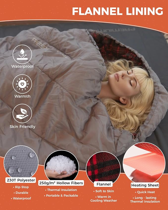 KingCamp Sleeping Bag for Adults Big and Tall, Cold Weather Camping Sleeping Bag with Soft 100% Cotton Flannel Lining, Portable Lightweight Outdoor Traveling & Car Camping