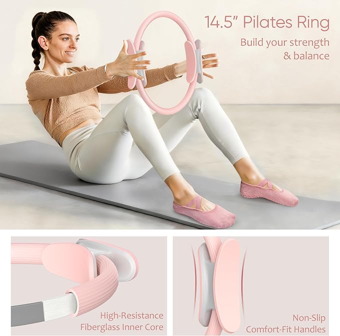 NANATI Pilates Kit, Home Pilates Workout Kit for Women, Pilates Equipment with 14.5" Pilates Ring and Ball, Resistance Bands, Ankle Weights, Sliders & Grip Socks for Home Workouts