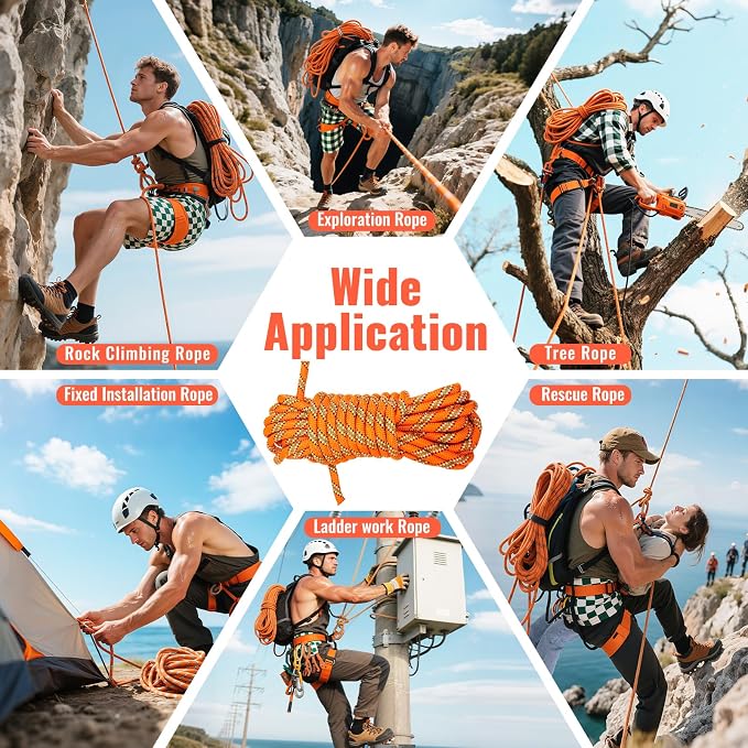 10.5mm Static Climbing Rope - 32FT Rock Climbing Rope for Adults & Kids, Outdoor Heavy Duty Rappelling Ropes for Fire Rescue, Escape, Ice Climbing, Parachute, Caving - Orange