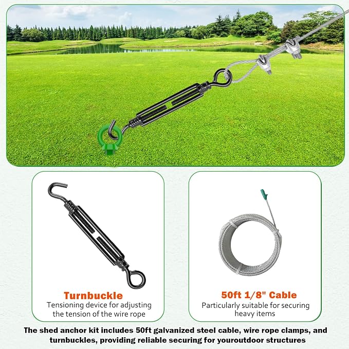 4 Pack 18" Spiral Ground Anchors Kit, Fully Welded Earth Anchors with 50 FT 1/8" Galvanized Cable, 4 Turnbuckles, Wire Rope Clips & Drill Adapter, Tie Down Kit for Shed Trampoline (Green)