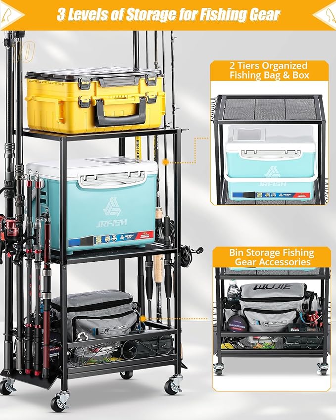 EXTCCT Fishing Rod Holder - Fishing Pole Rack for 10 Rods - Adjustable Height Fishing Gear Equipment Organizer Storage Solution for Garage Basement or Indoor