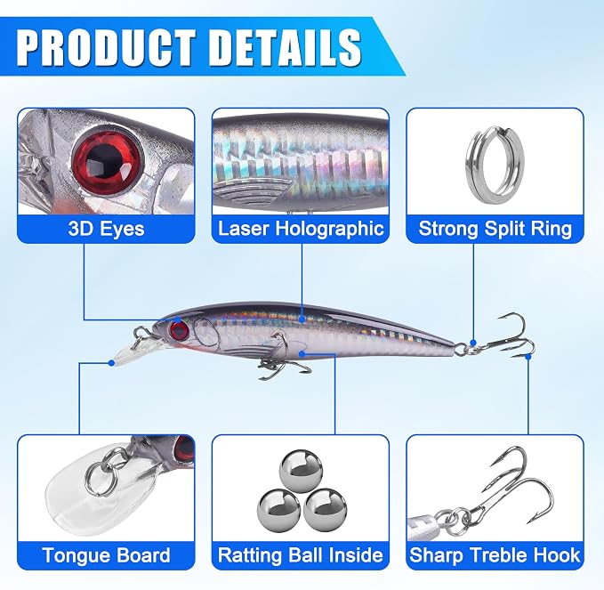 Saltwater Fishing Lures Kit, 6/12pcs Striped Bass Lures Surf Fishing Minnow Lures Deep Diving Jerkbait Popper Plugs Crankbait Fishing Tackle