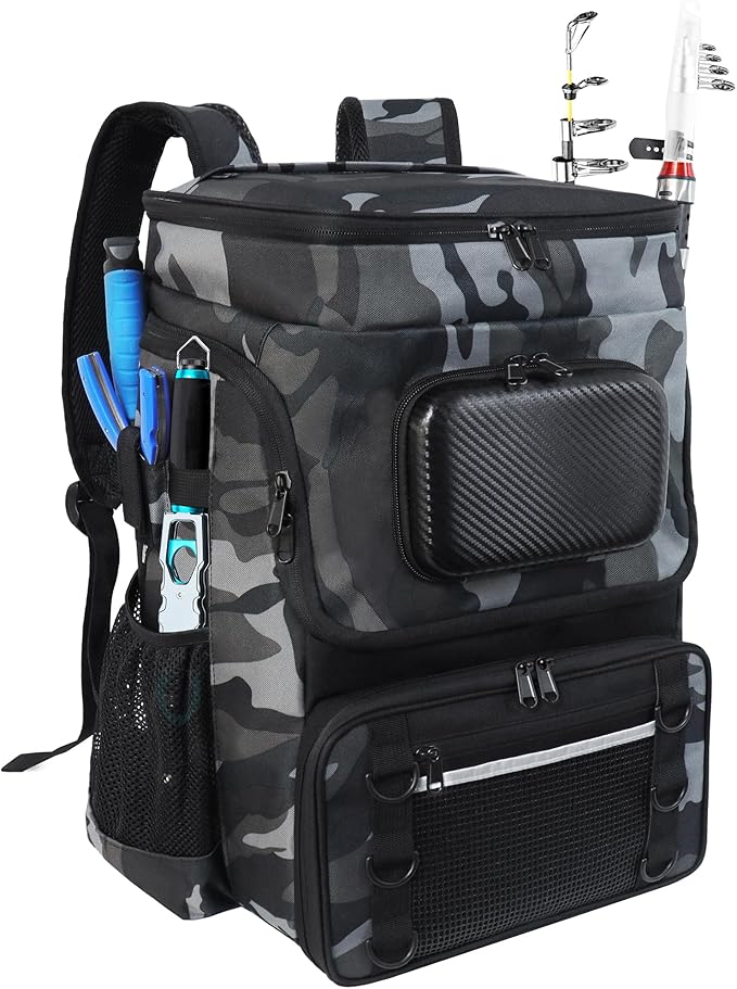 Fishing Backpack with Rod Holder, Large 50L Tackle Bag Water Resistant Tackle Backpack Heavy Duty Fishing Bag Gift for Men Woman