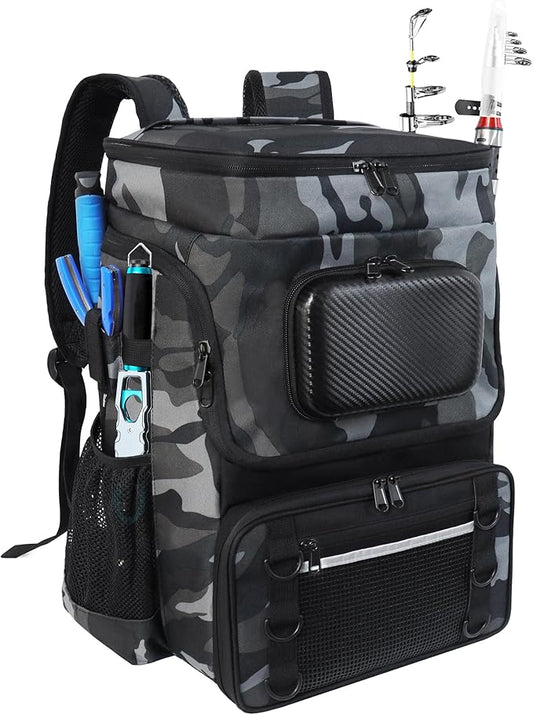 Fishing Backpack with Rod Holder, Large 50L Tackle Bag Water Resistant Tackle Backpack Heavy Duty Fishing Bag Gift for Men Woman