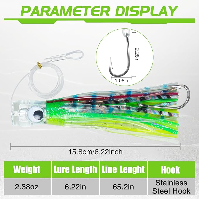 Trolling Lures Saltwater for Tuna Mahi Marlin Wahoo Dolphin Shark Offshore Trolling Baits with Squid Skirt Big Game Fishing Lures Deep Sea Squid Skirts Rig 6/9 inch
