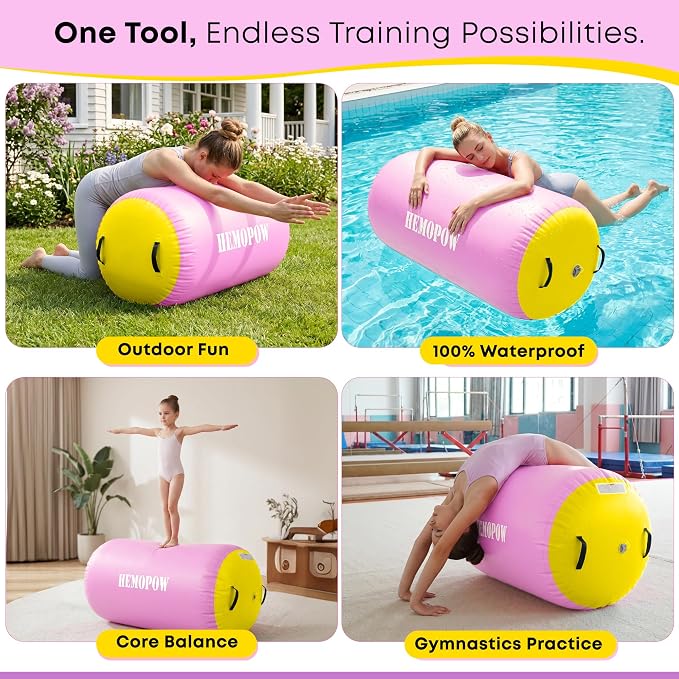 Inflatable Gymnastics Air Barrel Roller with Electric Pump, Heavy Duty PVC Tumbling Barrel Back Handspring Trainer, Air Tumble Track Mat for Home Gym, Cheerleading, Yoga Practice