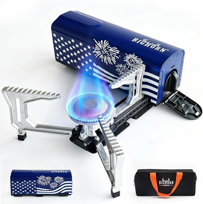 BIG HORN OUTDOORS Butane Camping Stove, Portable Folding Gas Burner with Carry Bag for Camping, Emergency Use, Outdoor Cooking & 4th of July Parties