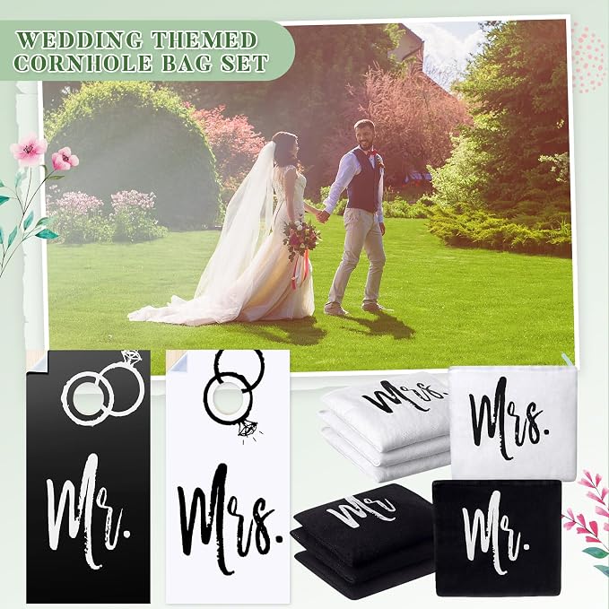 11 Pcs Wedding Cornhole Set for Reception, Mr & Mrs Cornhole Game with 8 Bean Bags & Board Wraps, Outdoor Lawn Toss Game for Wedding Party & Bridal Shower(Boards Not Included)