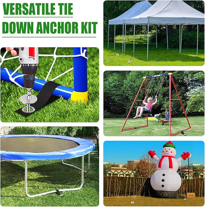 Eurmax USA 4 Pack Universal Ground Anchors High Wind, Heavy Duty Screw-in Trampoline Stakes with 4 Straps, Upgraded Commercial Anchor Kit for Outdoor Sheds, Swing Sets & Mobile Homes (Silver)