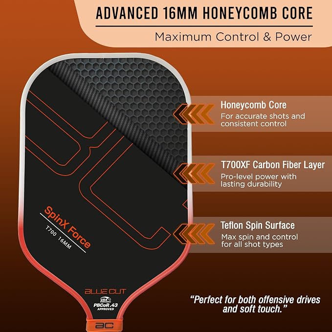 Blue Cut Pickleball Paddle – USAPA Approved Pickleball Paddles Racket with T700 Carbon Fiber, 16mm Honeycomb Core, Spin Surface, Pro Power Speed & Control – Includes Carry Bag