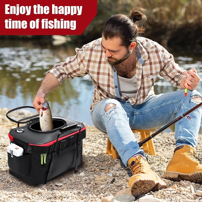 2 Pcs Fishing Bucket and Live Bait Aerator, Foldable Multi Functional Live Bucket Portable Quiet Aerator Outdoor Camping Fishing EVA Bag