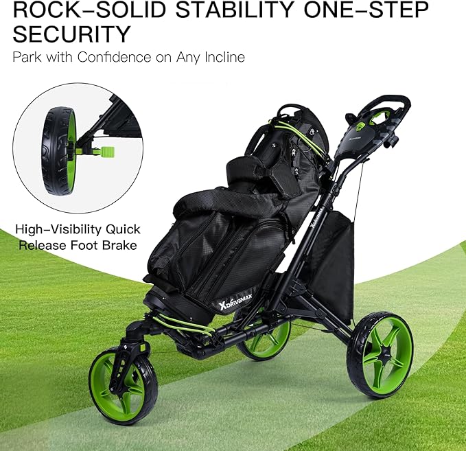 XDriveMax GC03 360 Rotating 3 Wheel Foldable Golf Pull Cart for Golf Clubs,Carries Umbrella Stand and Premium Storage - Green Pack