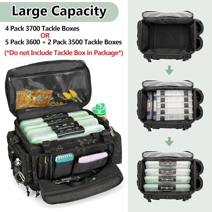 GOBUROS Waterproof Fishing Tackle Bag with Waterproof EVA Bottom (No Tackle Boxes in Package), Soft Tackle Box Storage Bag with Rod Holder, Pliers Storage for Fishing