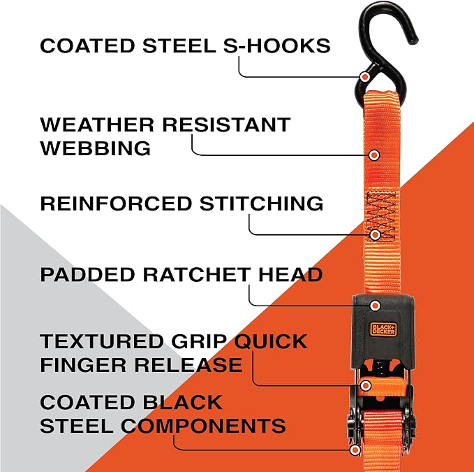 BLACK+DECKER 6-Piece Light-Duty Ratchet Tie-Down and Bungee Strap Kit | 1" x 12' Light-Duty Ratchet Straps, 1,500 lbs Break Strength, 48" Flat Bungee Straps, Kit for Securing Lightweight Cargo