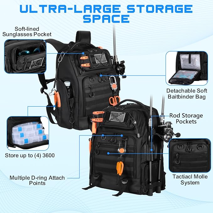 50L Fishing Tackle Backpack with Removable Lure Wraps,2 Rod Holders Storage Fishing Gear and Equipment