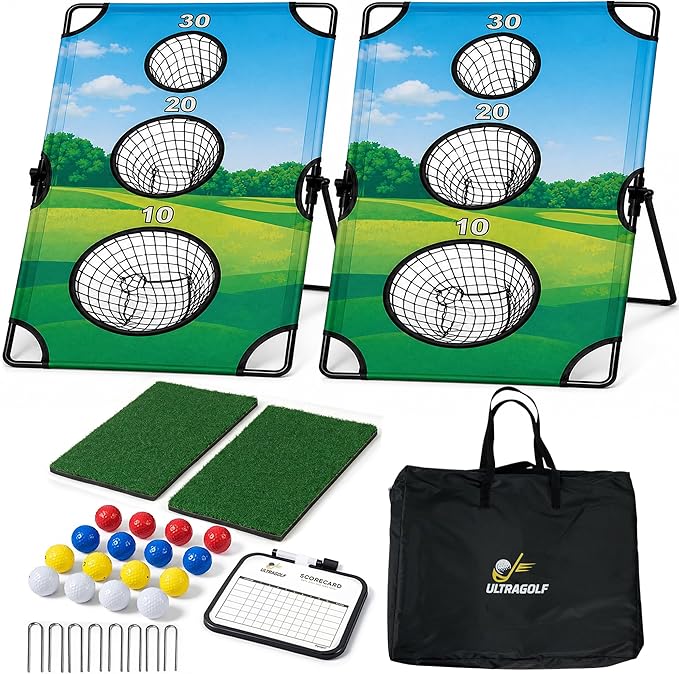 2-in-1 Golf Cornhole Chipping Game Set for Adults, Families and Golf Lovers – Foldable Yard Game with Targets, Non-Slip Mats, Balls, Stakes – Portable Outdoor Lawn and Backyard Simulator