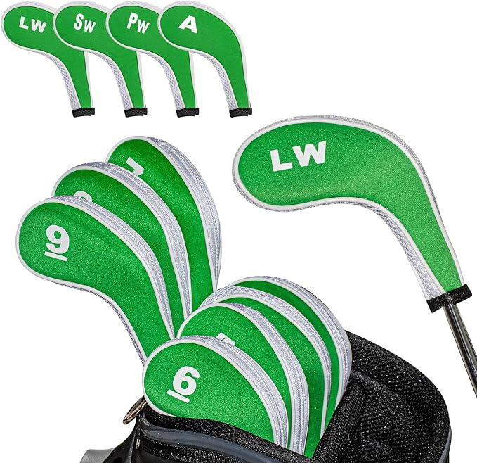 Golf Club 12pcs Thick Synthetic Zipper Long Neck Set Headcover Fit The Most Brands, Side Number Golf Iron Club Head Cover LW SW PW Covers #3,4,5,6,7,8,9