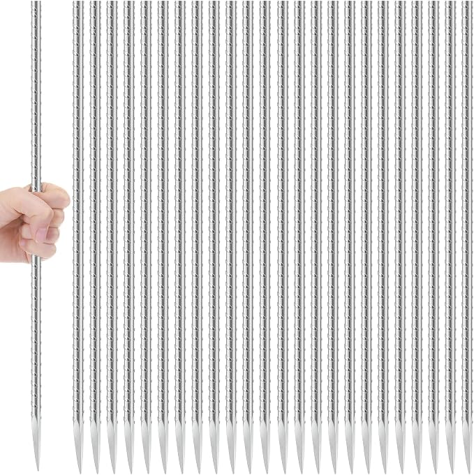 Gisafai 24 Pcs 24 Inch Ground Rebar Stakes Heavy Duty Ground Anchors Steel Plant Support Garden Stake Long Straight Metal Spikes with Chisel Point End for Concrete Timber Garden Plant Tent