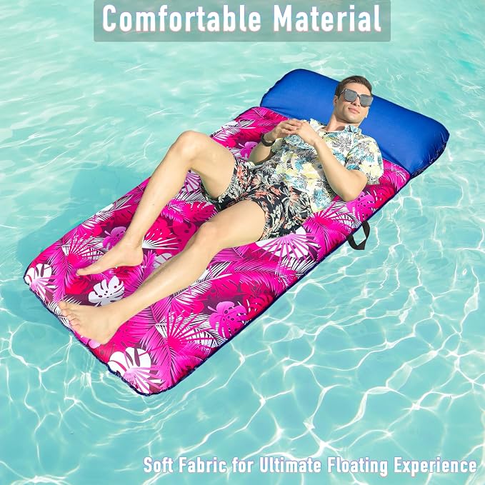 FindUWill Oversized Pool Float Lounge, 72" X 37" Extra Large Fabric-Covered Pool Floats for Adults, Inflatable Contour Lounger with Headrest Ultra-Comfort Cooling Pool Raft (XL, Monstera)