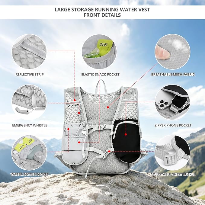 Running Vest for Women Men,Hydration Backpack with 2L Hydration Bladder,Lightweight Hydration Vest with Adjustable Straps&Pockets&Reflective Strip&Whistle,Water Backpack for Hiking Biking Marathon