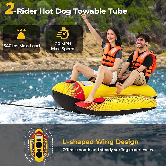 Towable Tubes for Boating, Inflatable Hot Dog Water Tube for Boat to Pull, Water Sports Banana Boat Tubes and Towables w/Double Stitched Nylon Cover, Padded Seat, Easy Grip Handles