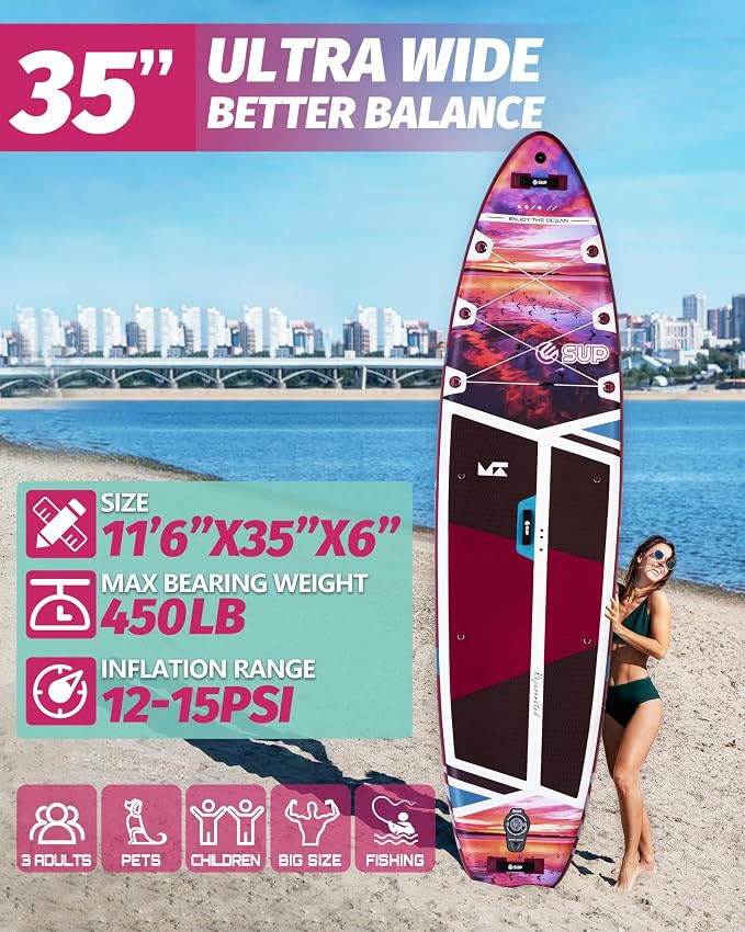ESUP Extra Wide Inflatable Paddle Board 11’6" ×34/35" ，Super Stable Stand Up Paddleboards for 2 Person/Family/Large Size, Inflatable SUP with Paddle, Pump & Shoulder Strap