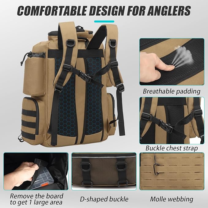 Tactical Fishing Backpack with Tackle Boxes, Rod Holders & Bottle Holder, 50 L Large Insulated Fishing Tackle Box Backpack with Cooler, Fishing Bag Store Gear & Equipment, 900 D Oxford, Brown
