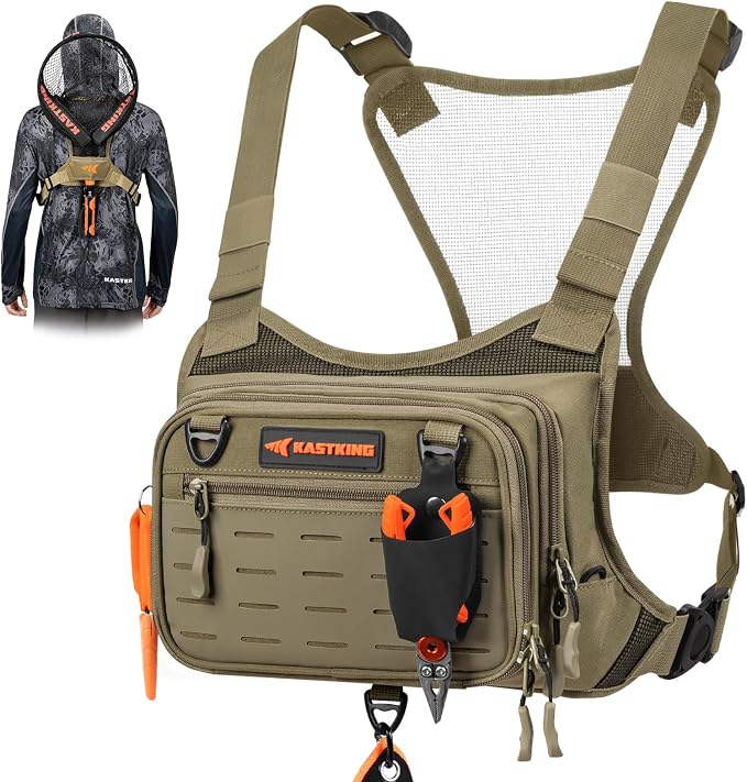 KastKing Bait Boss Water-Resistant Fishing Chest Pack With EVA Zip-Down Workstation, MOLLE Storage, Adjustable Chest Straps