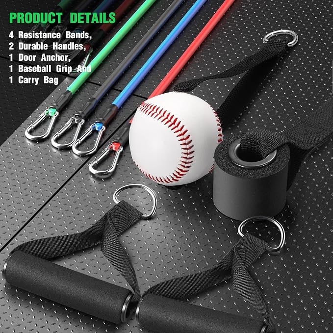 TOBWOLF 4PCS Baseball Exercise Bands with Interchangeable Grips, Baseball Resistance Trainer for Pitching & Throwing, Training Aid for Baseball Softball Pitchers to Build Arm Strength, Warm-Up