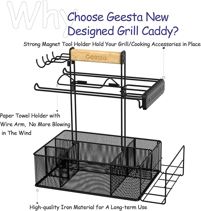 Geesta Grill Caddy for Outdoor Grill, BBQ Picnic Camping Caddy with Paper Towel Holder & Magnetic Tool Holder, Condiment Storage Utensil Kitchen Organizer for RV Camper, Tailgate Accessories