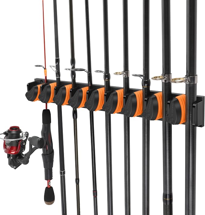 PLUSINNO V9 Vertical Fishing Rod Holders, Wall Mounted Fishing Pole Holders, Fishing Rod Rack Holds Up to 9 Rods or Combos, Fishing Rod Holders for Garage,Fishing Gear and fishing Gifts for Men