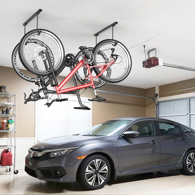 TORACK Overhead Bike Rack for Garage, Ceiling-Mounted Bicycle Storage Hooks for 4 Bikes (Horizontal) or 8 Bikes (Vertical), Adjustable Bicycle Hooks for Mountain, Road Bikes