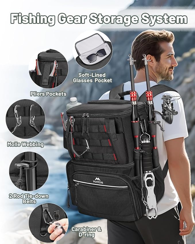 MATEIN Fishing Backpack with 4 Tackle Boxes, Fishing Bag with Rod Holder | 3600 Tackle Box 4 Pack, Water Resistant Tackle Backpack with Cooler Compartment, Safety Compass, Gifts for Fishermen