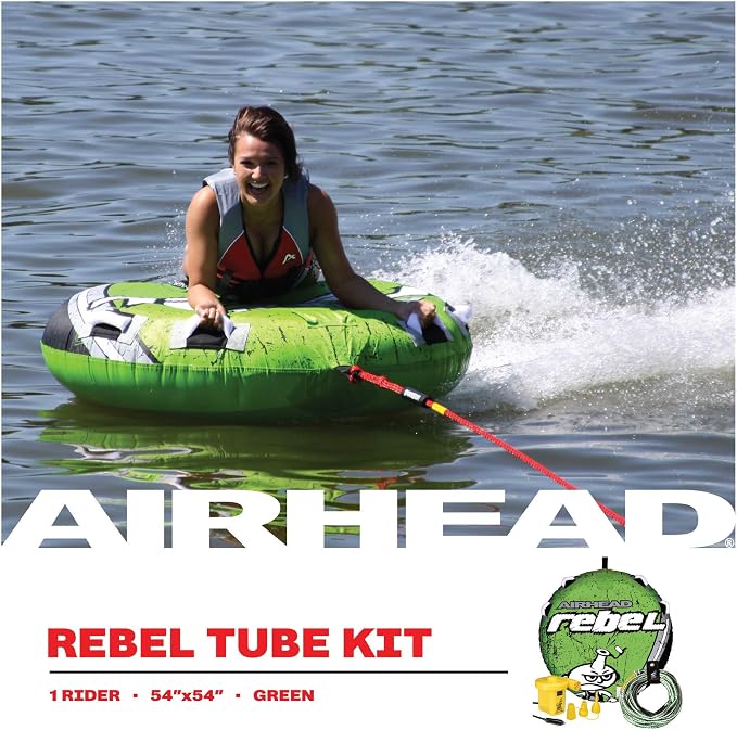 Airhead Rebel Towable Kit 1 Rider Tube with Rope and Pump, Kwik-Connect Tow, Double-Stitched Full Nylon Cover & Speed Safety Valve for Easy Inflating & Deflating